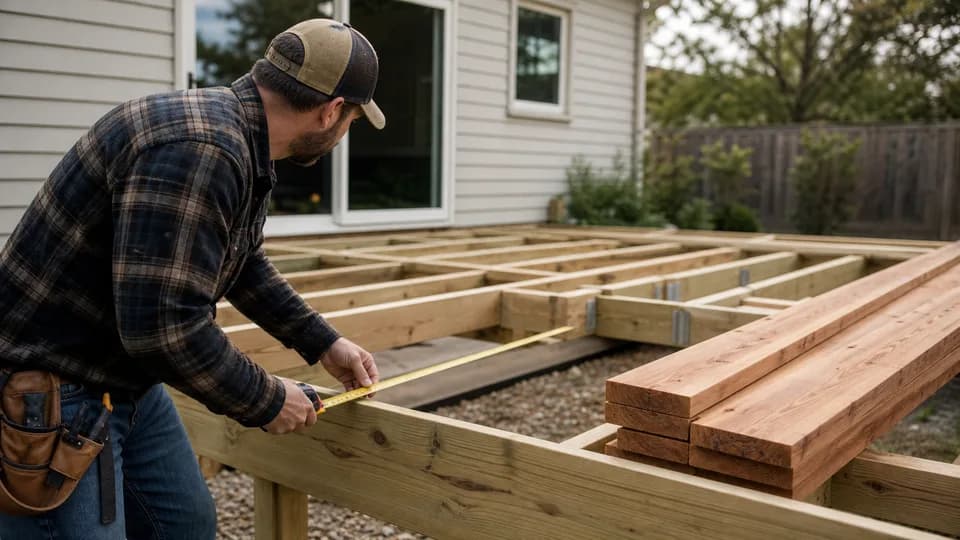 Contractor measuring a framed backyard deck
