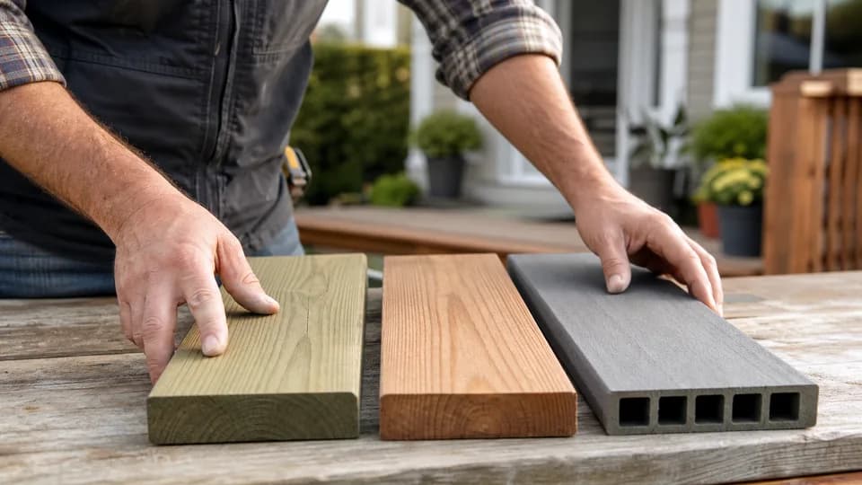 Wood and composite deck-board samples being compared