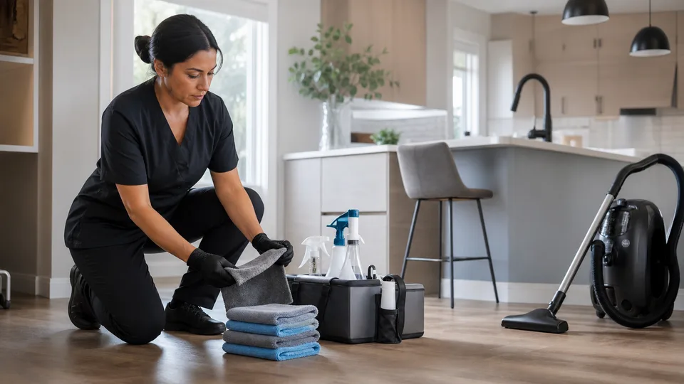 Professional home-cleaning tools arranged in a bright kitchen