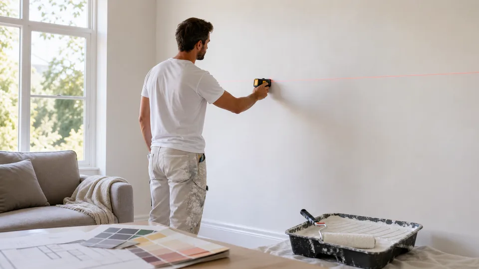 Paint estimator measuring a living-room wall
