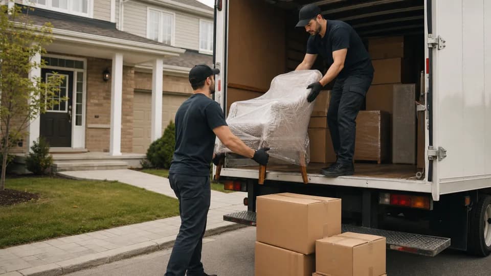 Movers loading household items into a moving truck