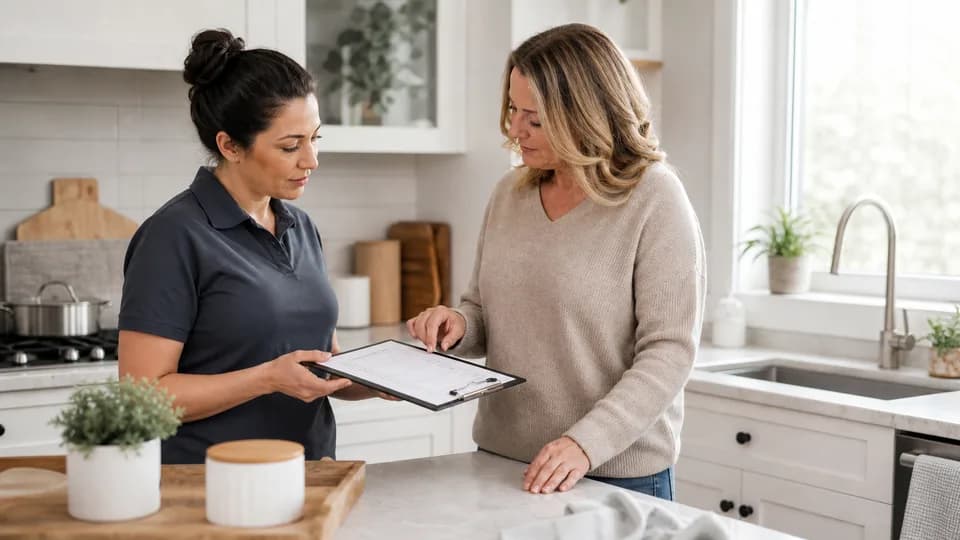 Homeowner reviewing a cleaning checklist with a professional cleaner