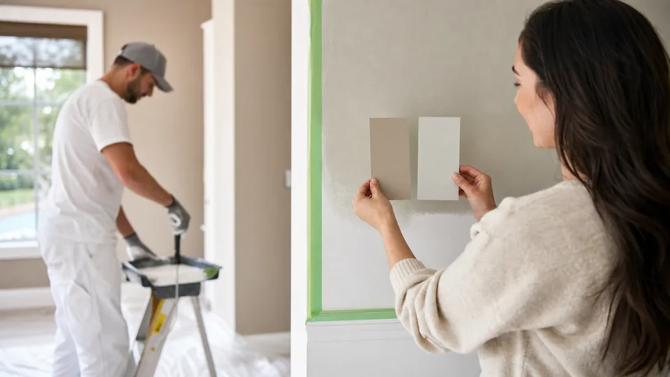 Homeowner comparing paint colours with a professional painter