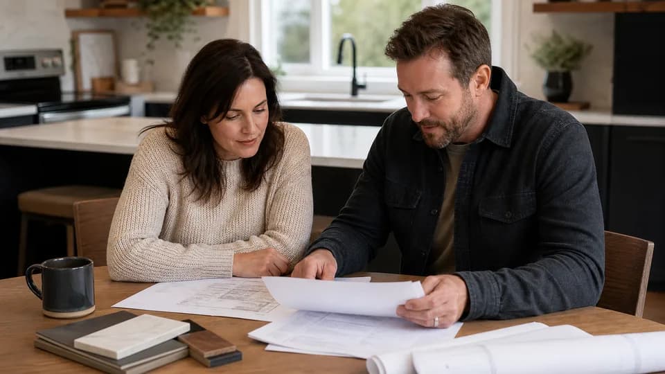 Homeowner and contractor reviewing an estimate and plans