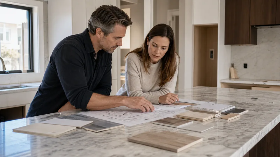Homeowner and renovator reviewing kitchen plans and materials