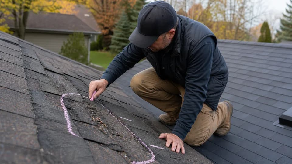 Roofer inspecting worn asphalt shingles