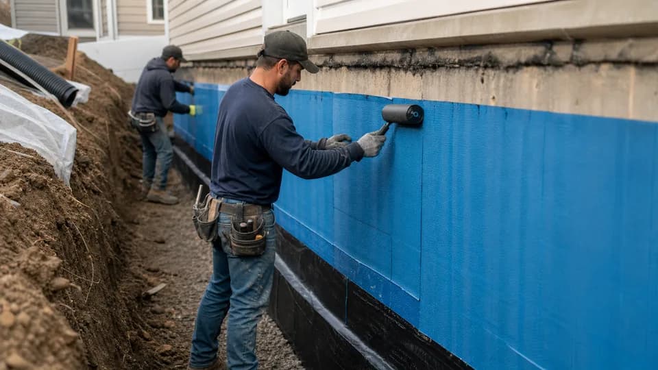Crew waterproofing a residential foundation