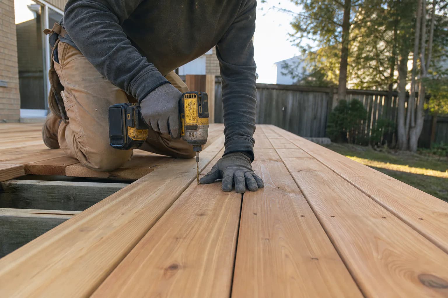 Representative image of a deck builder fastening cedar boards in a residential backyard