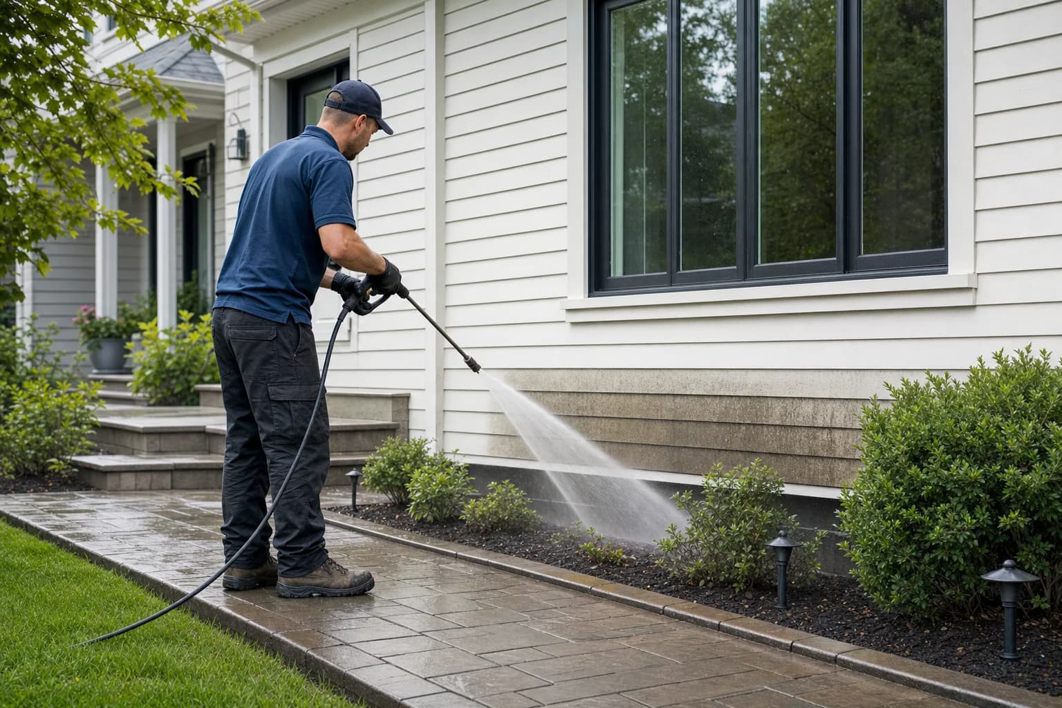 Exterior cleaning professional pressure washing the siding of an Ottawa home