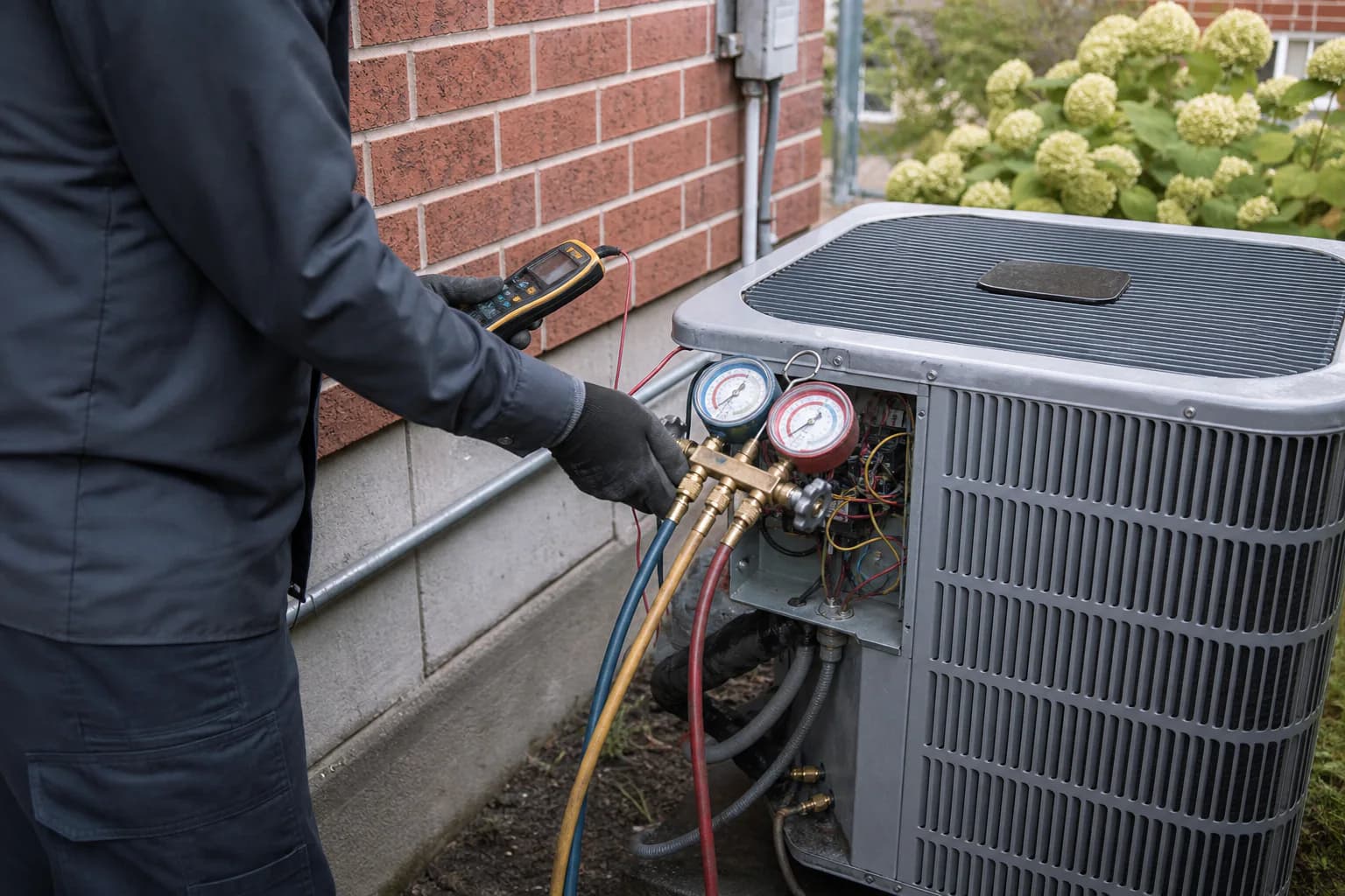 Representative image of an HVAC technician inspecting an outdoor air conditioning unit