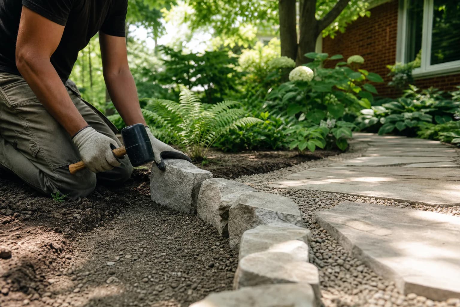 Representative image of a landscaper setting a limestone garden edge beside lush planting