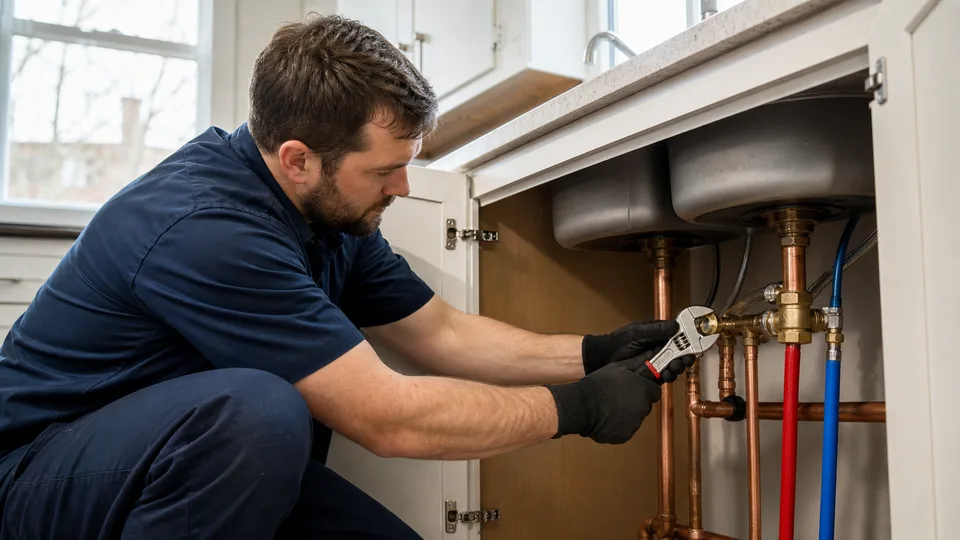Residential plumber working beneath a kitchen sink