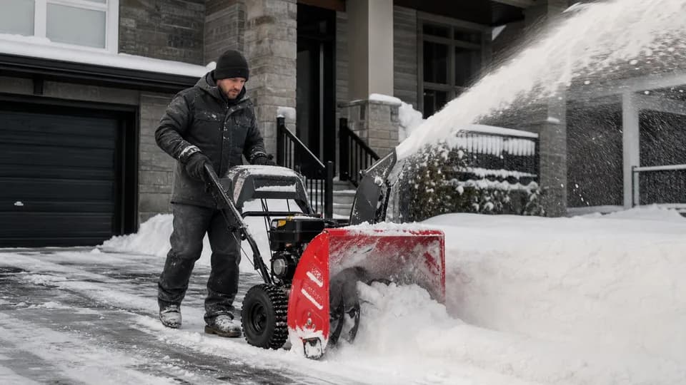 Snow removal operator clearing a residential driveway