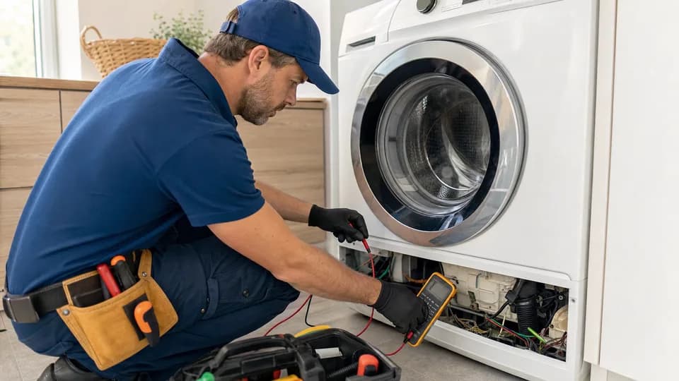 Technician diagnosing a washing machine