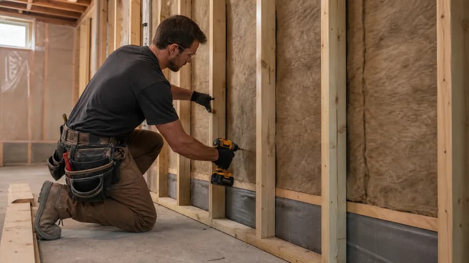 Carpenter framing a residential basement wall