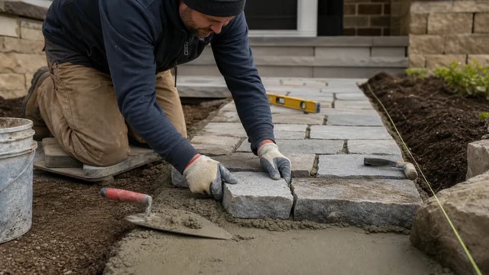 Mason laying stone for a residential walkway