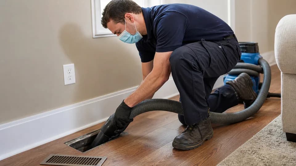 Technician connecting duct-cleaning equipment to a floor vent