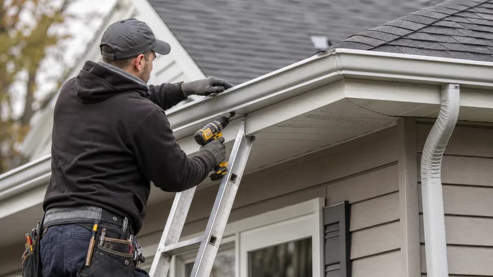 Installer securing an aluminum eavestrough