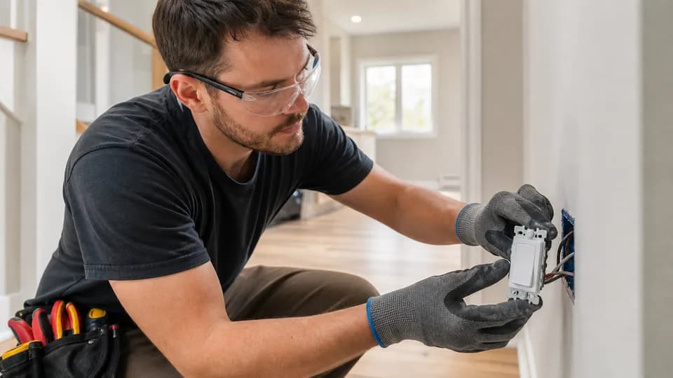 Residential electrician installing a wall switch