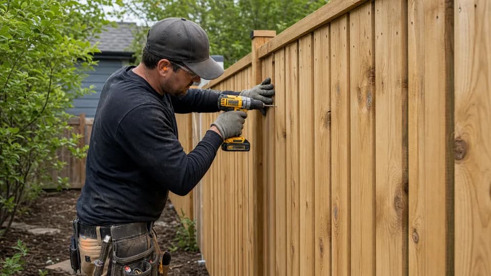 Fence contractor installing cedar boards