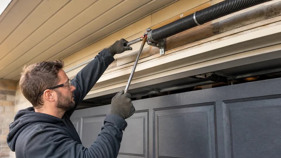 Garage door technician servicing a spring assembly