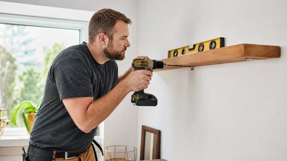 Handyman installing a floating shelf