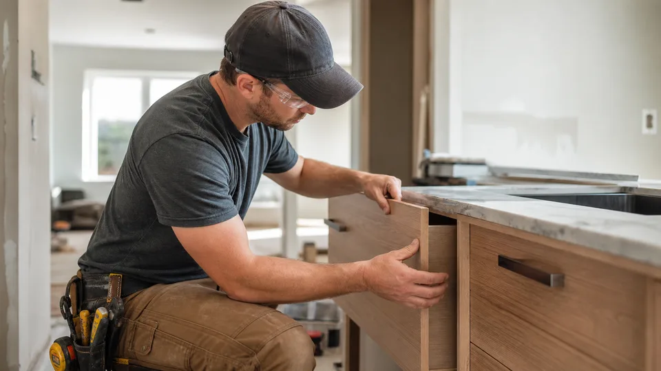 Carpenter installing cabinetry during a renovation