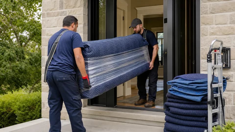 Professional movers carrying protected furniture