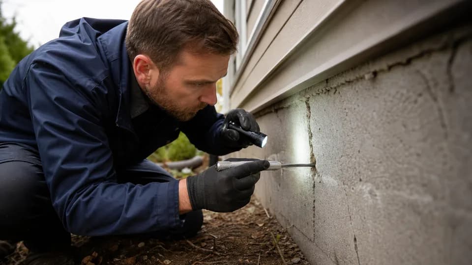 Pest technician inspecting a residential foundation