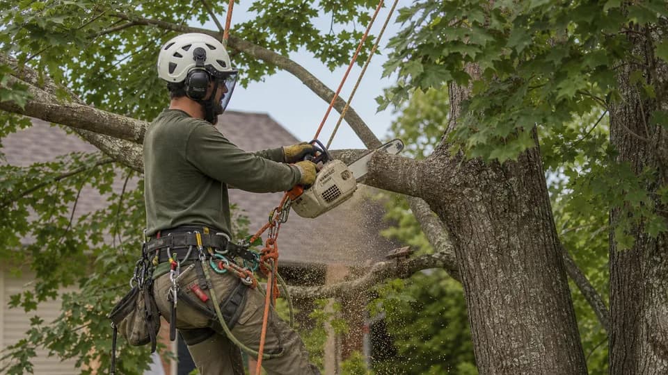Arborist safely pruning a mature tree